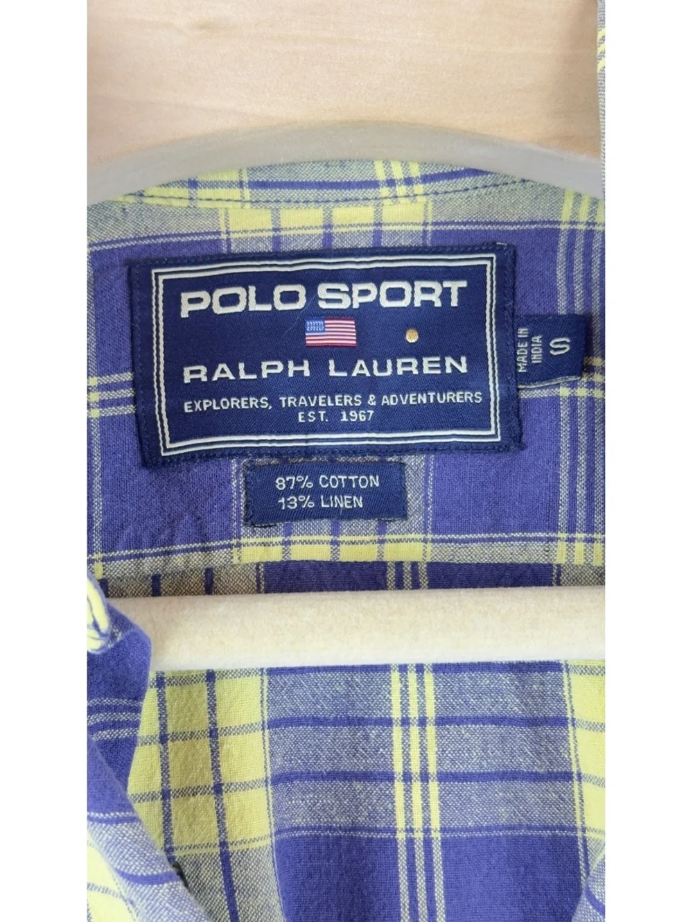 Vintage Polo Sport Ralph Lauren Mens S Blue Yellow Plaid Linen Shirt 90s